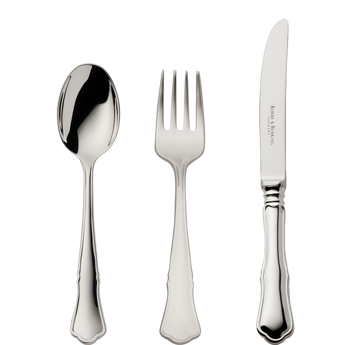 Robbe & Berking Alt-Chippendale 150g massiv versilbert/- 3tlg. Kinderbesteck Besteck, Gabel, Löffel, Messer, Waffe