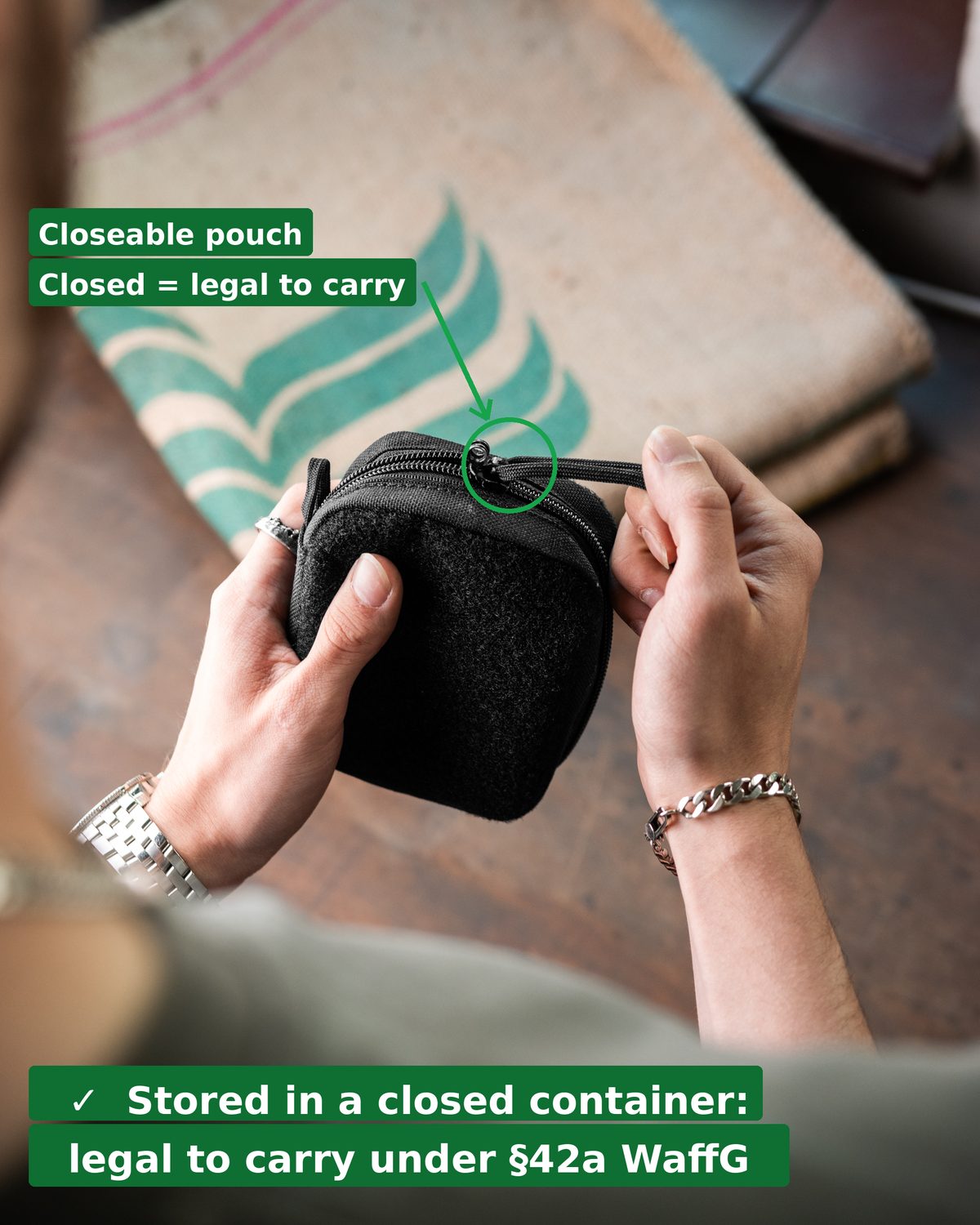 Knife in a closeable pouch – when closed, legal to carry under §42a WaffG
