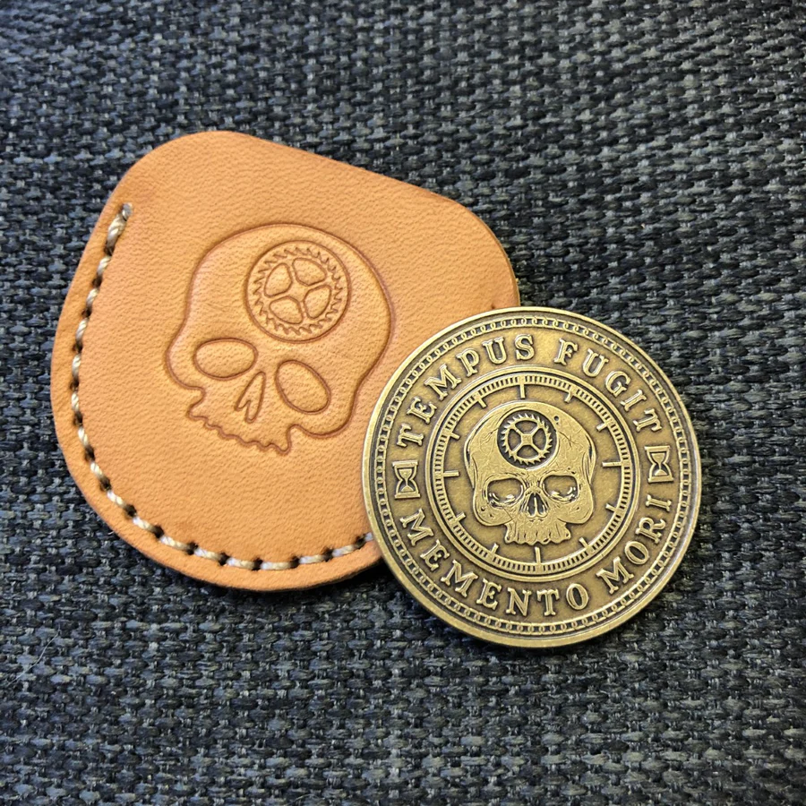 Carpe Diem EDC Skull Leather Sleeves for Coins & Tempus Fugit Worry Stones