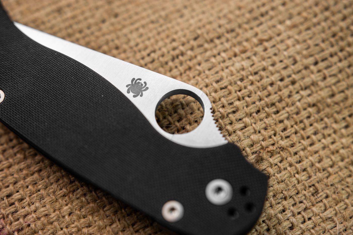 Macro shot of the Spyderhole with Spyderco logo on the blade